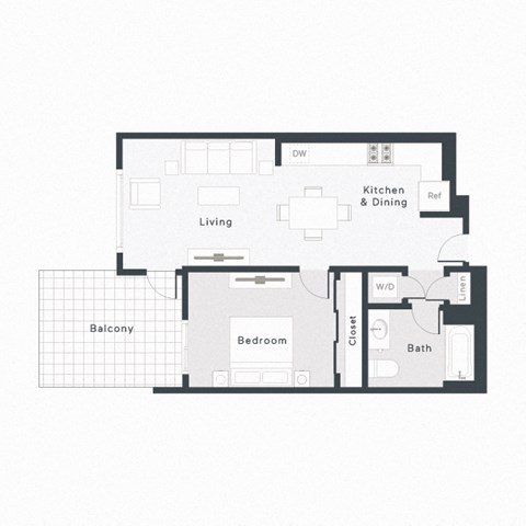 Floor plan for 1 bed, 1 bath, 773 sqft